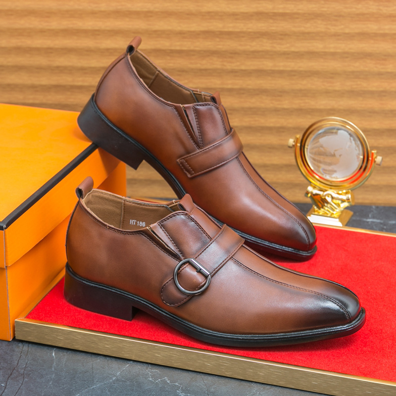 Men Dress Shoes Pointed Toe Leather Shoes Trendy British Style Business Formal Wear Wedding High-end Triple Black Brown Blue Free shipping