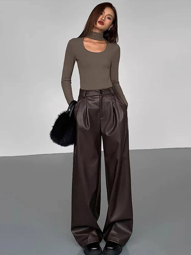 Vintage PU Leather Pants Women Loose Zipper High Waist Wide Leg Trousers Female 2025 Early Spring Fashion Lady Streetwears 250106