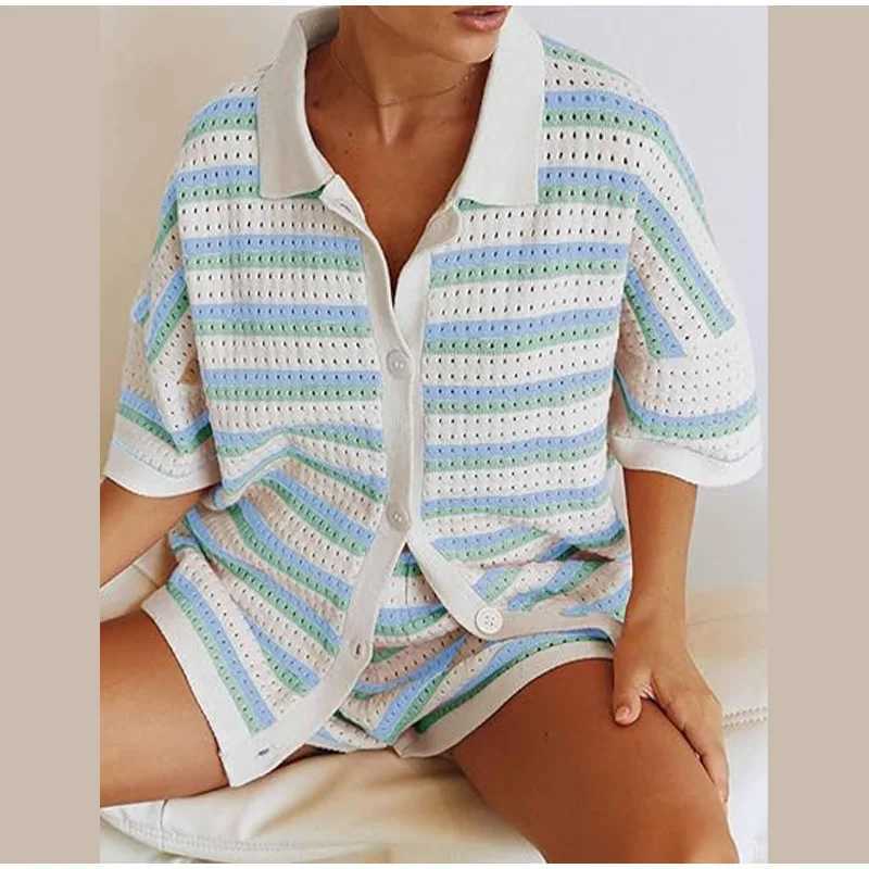 Women Stripe Print Knit 2 Piece Sets Ele Lapel Half Sve Tops High Waist Shorts Set Loose Casual Single Breasted OutfitsXJ250106