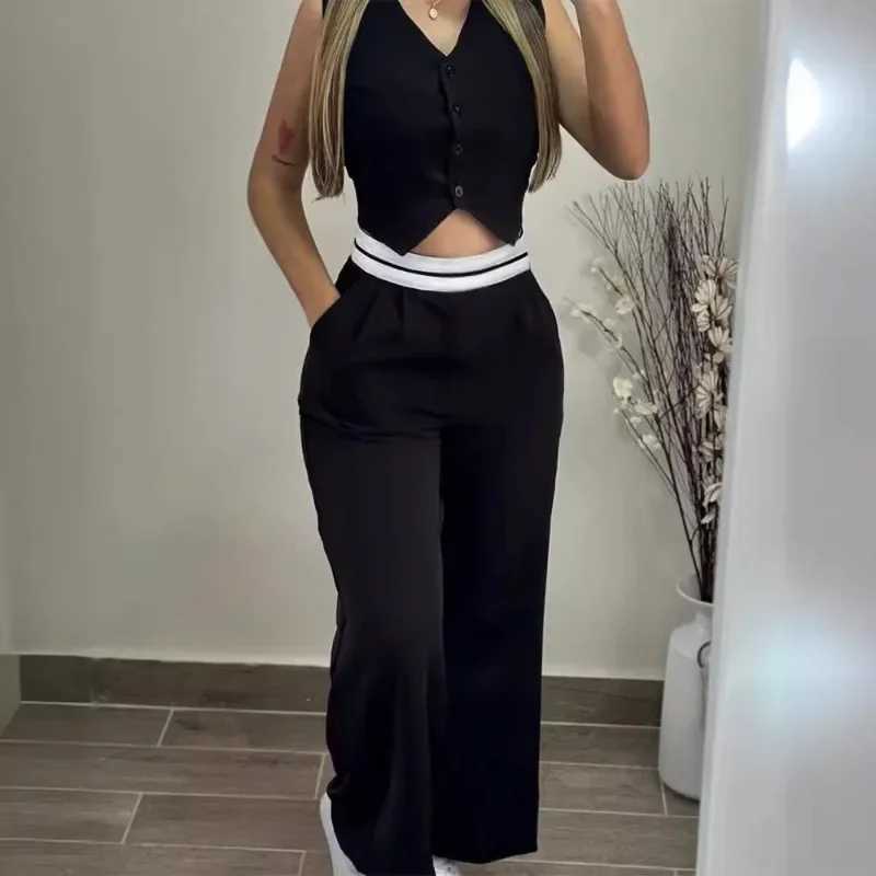 Spring Summer New Womens Clothing Solid Color Sveless V-neck Vest Top Elastic Waist Pants Two-Piece SetXJ250106