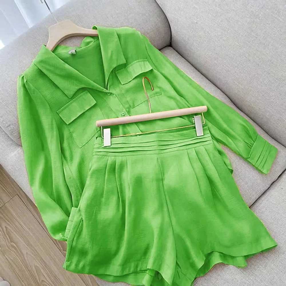 Spring Shirt Two Piece Set For Women Summer Shorts 2 Piece Sets Suits Solid Color Long Sve Shirt Short Casual Outfits FeXJ250106