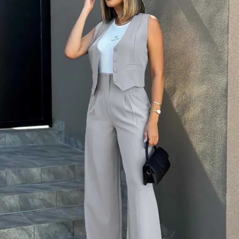 Women Suit Women Vest Ele Lady Baggy Pants Set Regular Work Pants Set Sveless Vest High Waist Wide Leg Pants 2 Piece SetsXJ250106