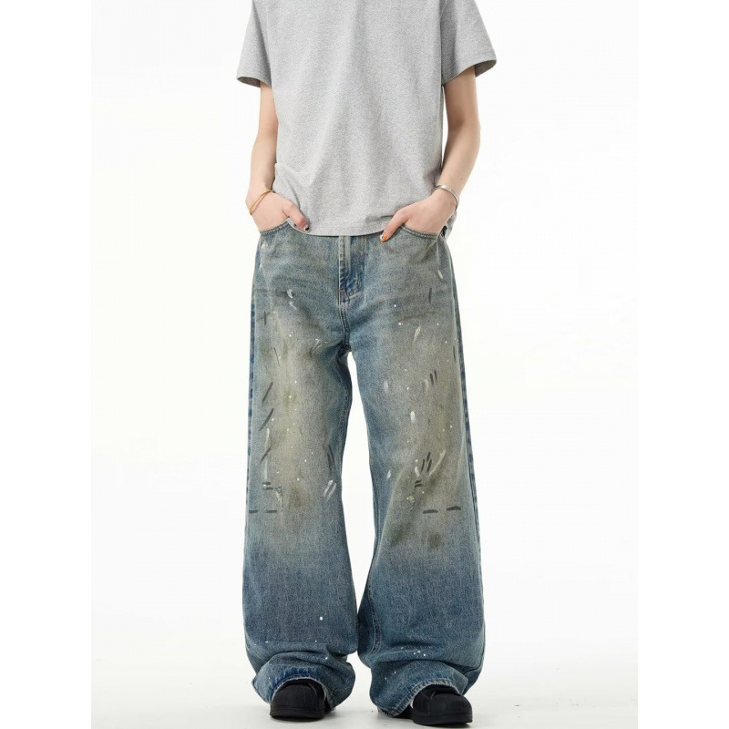Graffiti Ink Splashing Mud Dyed Baggy Jeans for Men and Women Washed Streetwear Loose Casual Denim Trousers Oversized Cargos