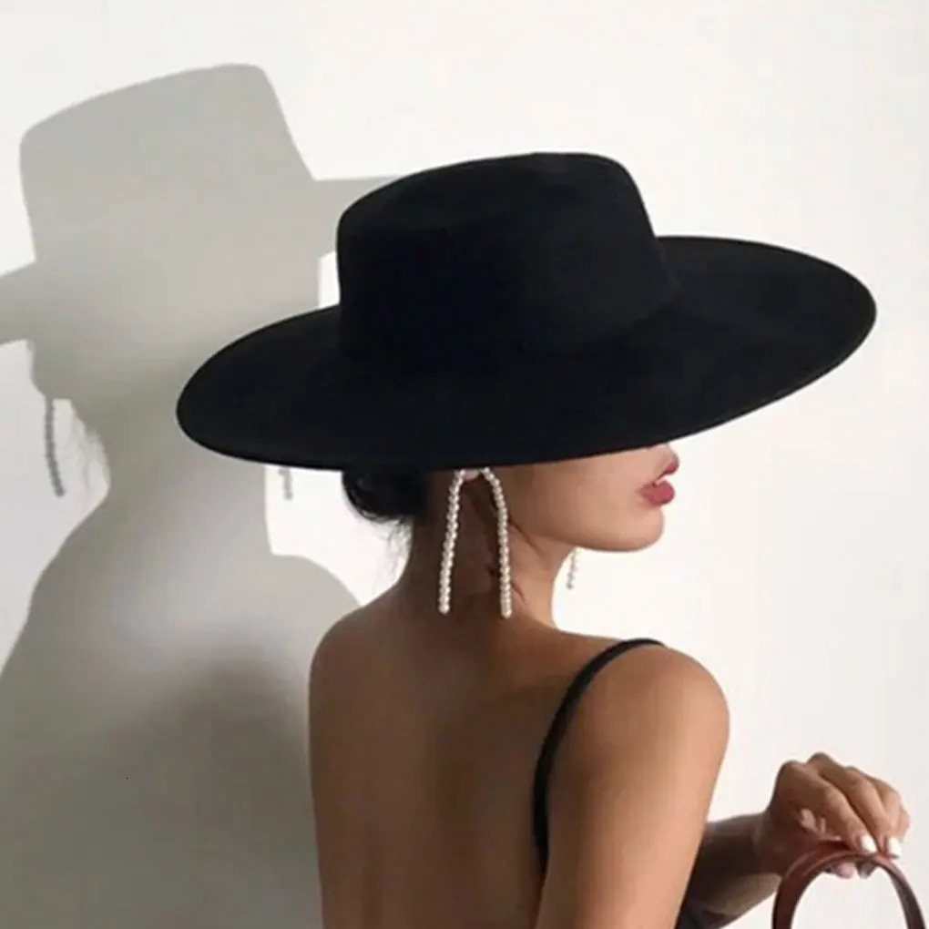Womens Black Felt Hat Fashion Classic Blend Fedora Formal Top Hat Wide Brim Flat Church Derby Cap 250103