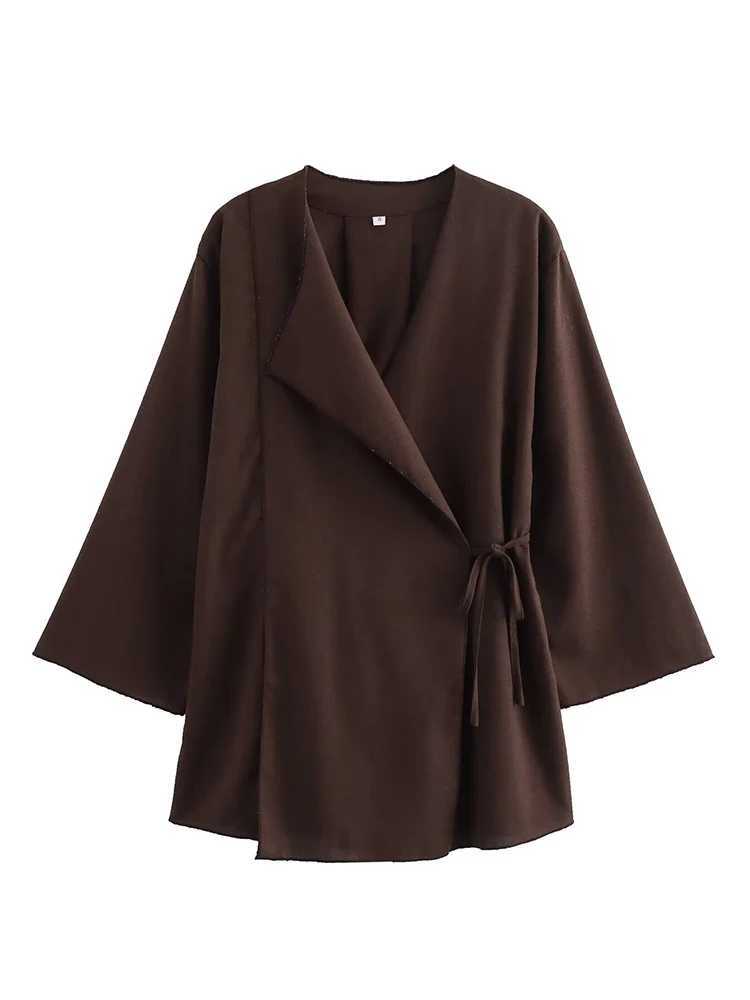 TR Fashion Linen 2 Pieces Women 2024 Spring Summer Kimono Style Loose Lace Up Shirts Tops Womens Wide Leg Pants SetsXJ250106