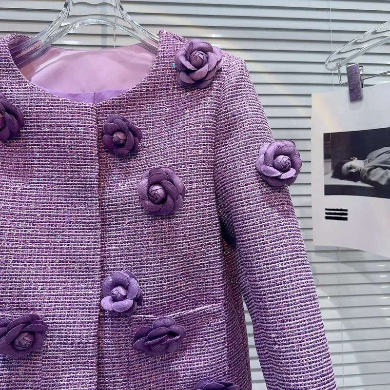 Purple Tweed Jacket Three Dimensional Wer Round Collar Long Sleeve Ladies Short Coat Retro 2024 Autumn Fashion Elegant