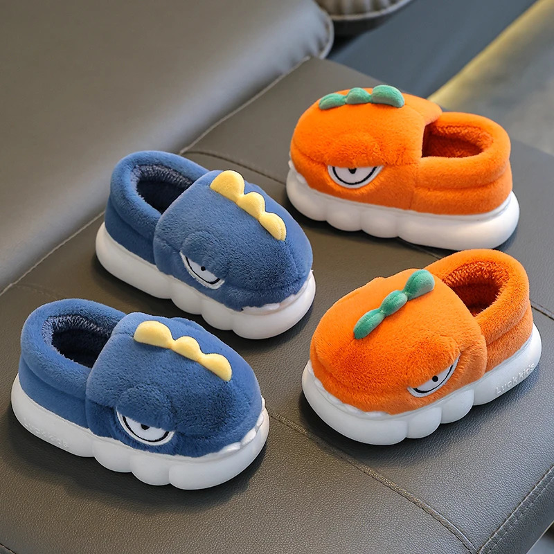 Winter Warm Cover Heel Soft Fluffy Slippers For Kids Childrens Cartoon Dinosaur Antiskid Scuff Boys Girls Home Cotton Shoes 250106