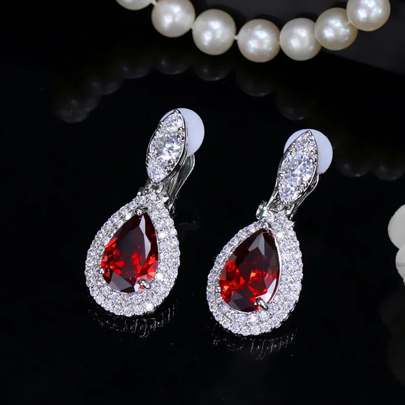 CWWZircons Fashion Women White Gold Color Dangle Drop CZ Royal Blue Crystal Paved No Pierced Ear Clip On Earrings Jewelry CZ164 250103