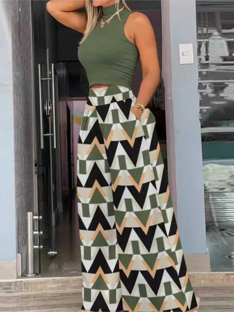 Summer Print Two Piece Set Women Fashion Casual Solid Sveless Tank Top Wide Leg Pants Two Piece Set Fe Ele SuitXJ250106