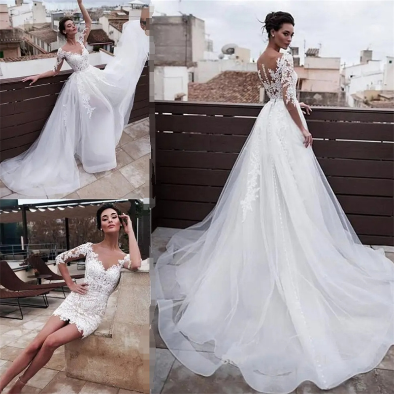 Celtic Civil Boho Wedding Dress With Removable Tail Two piece 2 In 1 Bohemian Bridal Dress Korean Beach Corto Bride Dress 2025 Long Sleeve A Line Vest