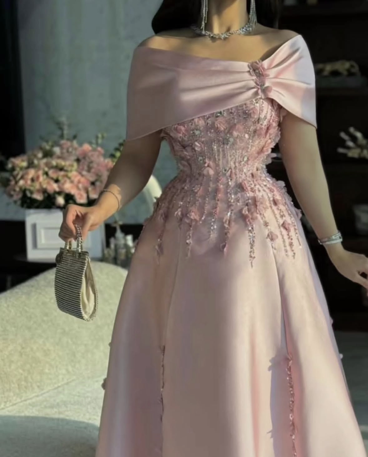 3D Floral Appliques Pink Prom Dresses A-Line Floor Length Beaded Long Evening Gowns Off Shoulder Birthday Party Special Occasion Dress