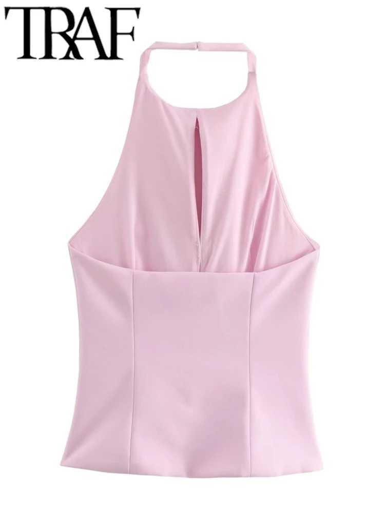 TR Pink Bow Hollow Out Women Halter Crop Top Shorts Suits Tr Summer Sveless Backless A Line Slim Tanks Y2K SetsXJ250106