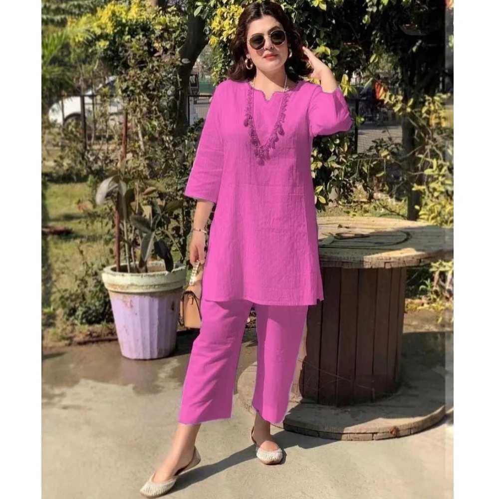 Casual Ele Womens Cotton Linen Set V-Neck Loose Side With Slit Top Wide Leg Pant Pocket Home Wear Ethnic Office Ladys SuitXJ250106