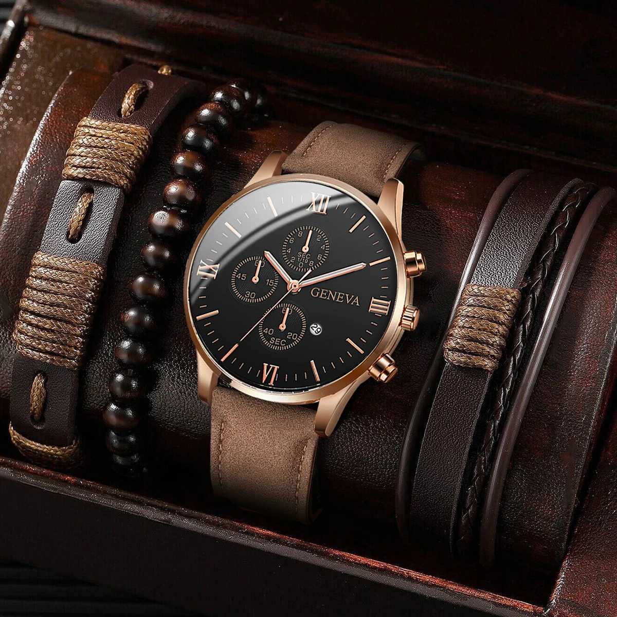 4PCS/Set Mens Watches Casual Leather Band Analog Quartz Watch Bracelets SetWithout BoxX250107