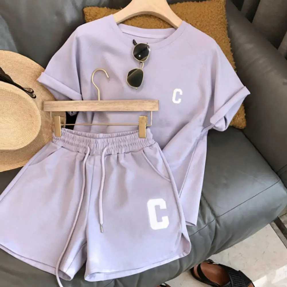 2 Pcs/Set Summer Women Tracksuit O Neck Letter Print Pure Color Short Sve T-shirt Drstring Elastic Waist Shorts For SportXJ250106