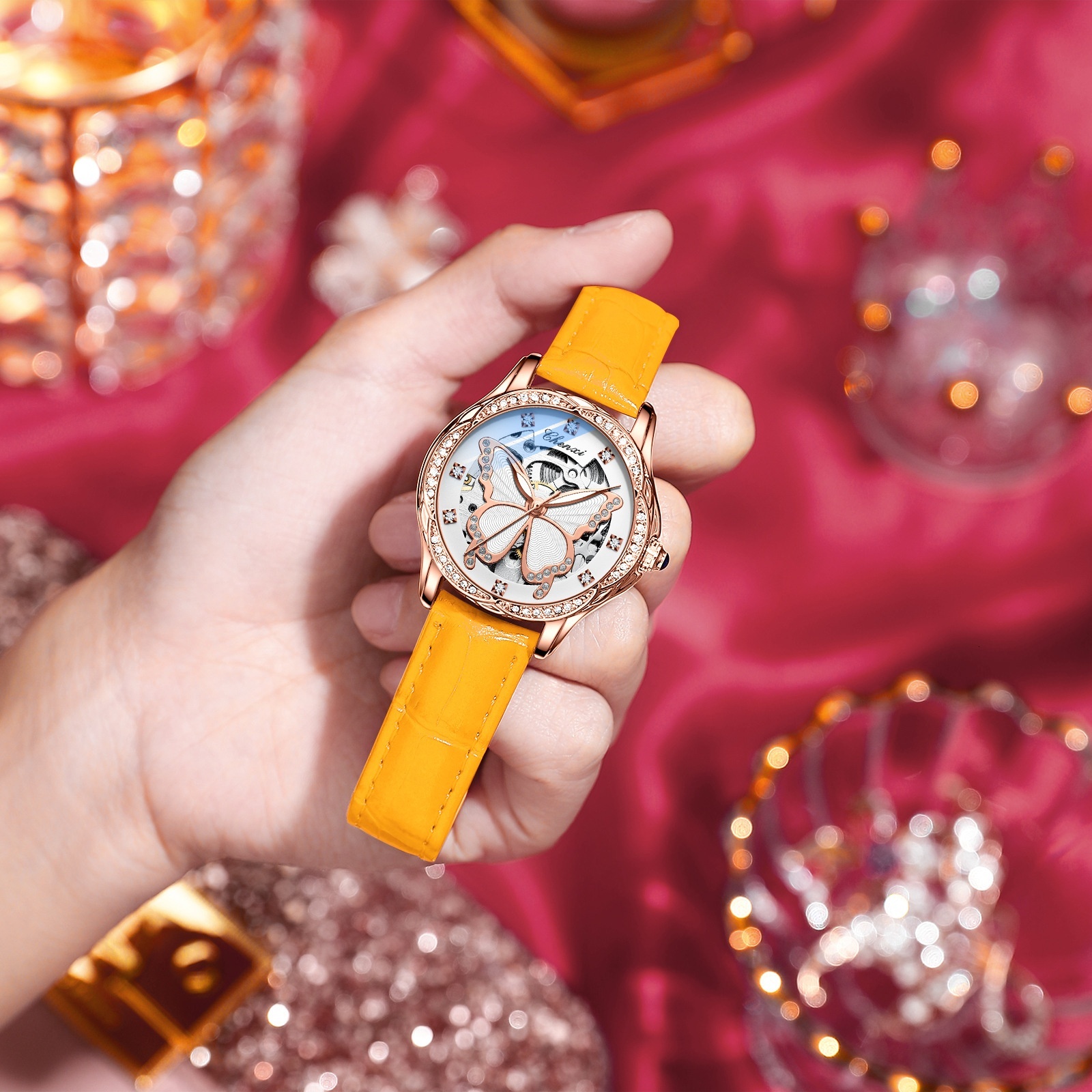 Luxury Automatic Mechanical Watch with Orange Butterfly Dial and Diamond Accents for Women