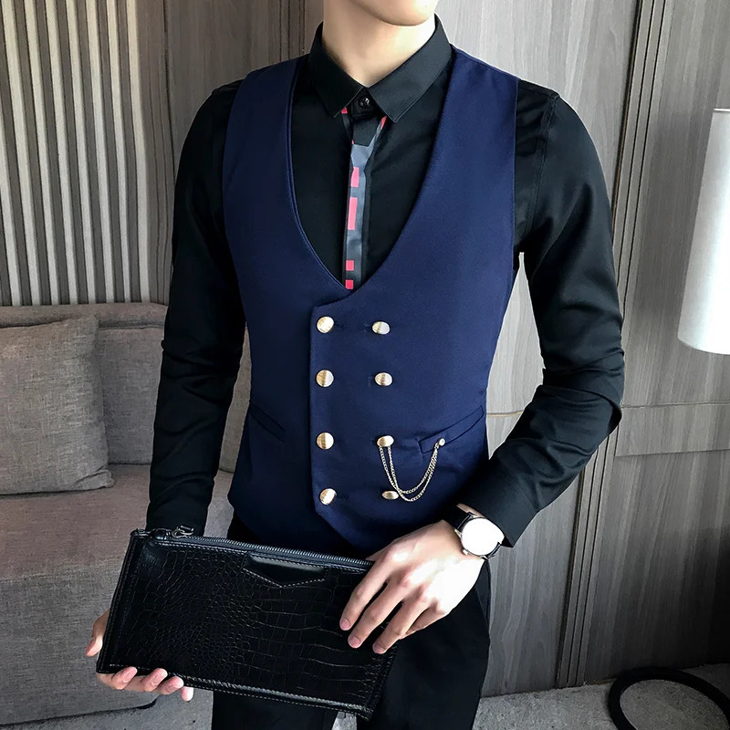 Mens Double Breasted Vest Spring Slim Sleeveless Formal Suit Gray Black Fashion Business Casual 250107