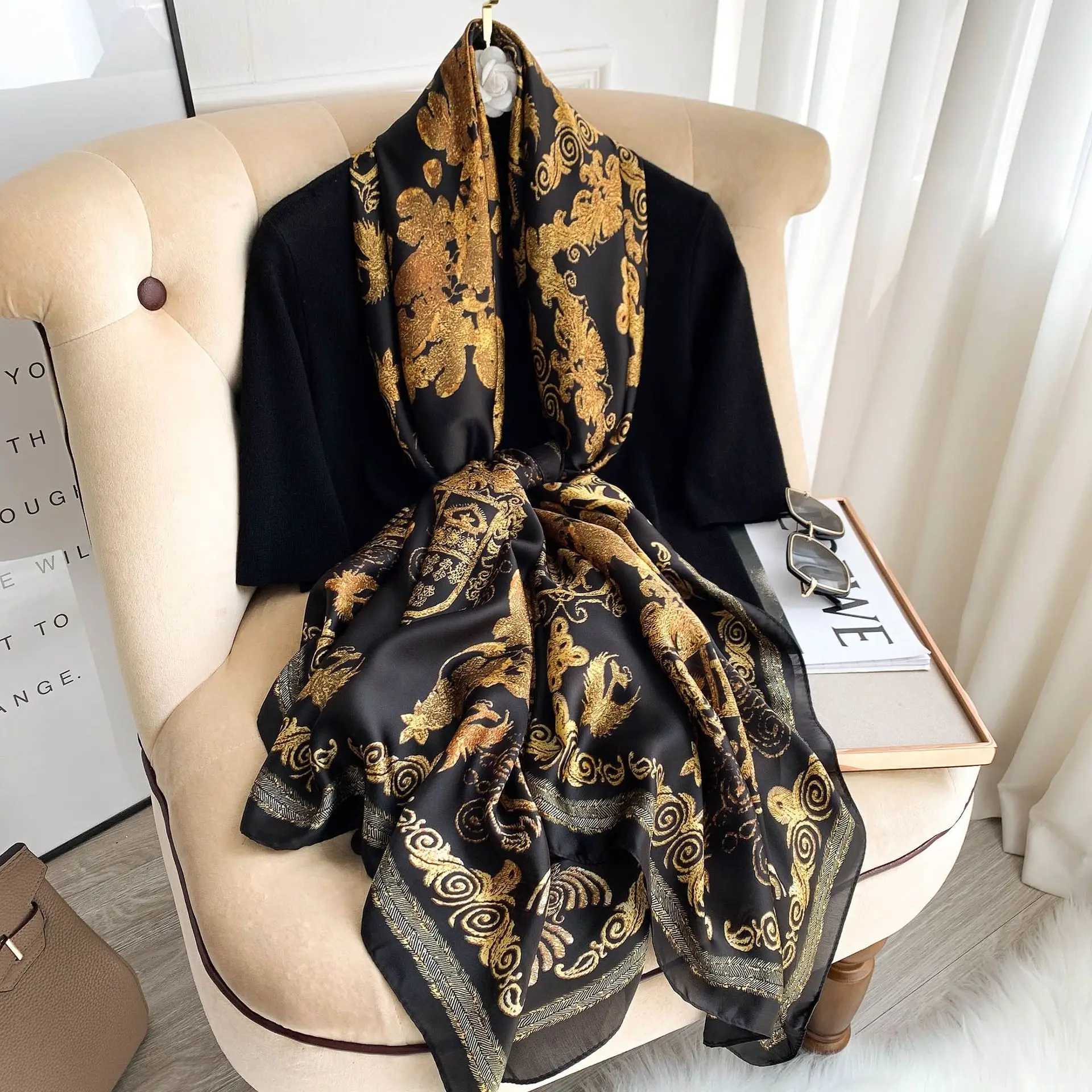 Popular 180X90CM Printed Bandannas European and American Silk Scarf Seasonal Satin Beach Towel 2022 Fashion Flower Length Shls W250106
