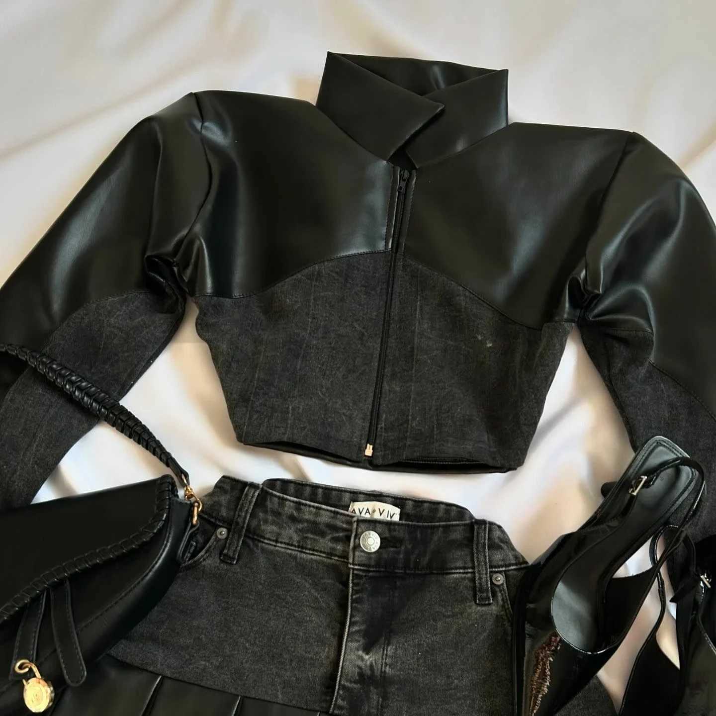 Mens two-piece set womens Y2K clothing retro leather patch work denim cloth leather retro slim cut top long Sve zipper jacket set W250107