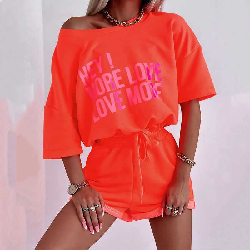 2024 Summer New Womens Casual Sports Suit Crewneck Letter Print Lace-up Short Sve Casual ShortsFe Ele 2-Piece SetXJ250106