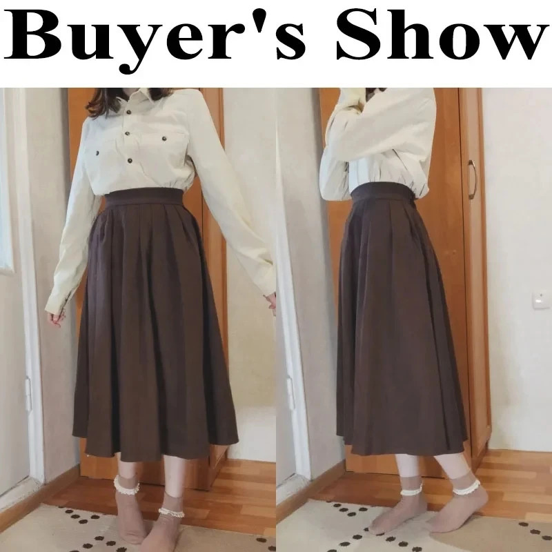 Biyaby Korean High Waist Long Skirt for Women College Style Corduroy Pleated Skirts Woman Autumn Streetwear Blue Midi 250106