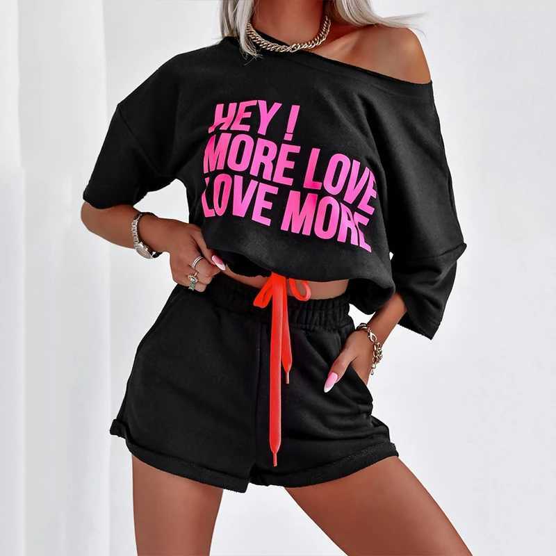 2024 Summer New Womens Casual Sports Suit Crewneck Letter Print Lace-up Short Sve Casual ShortsFe Ele 2-Piece SetXJ250106