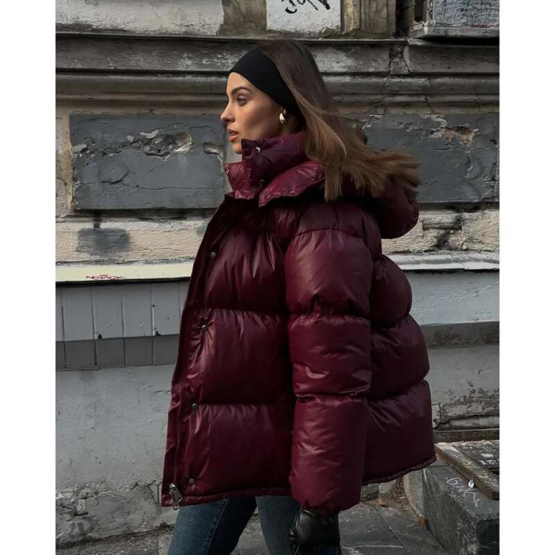 Fashion Bury Wine Red Full Sleeve Woman Cotton Coat Stand Collar Zipper Breasted Parka 2024 Lady Commute Street Outerwears