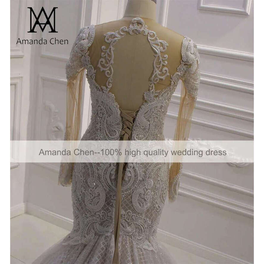 Amanda Novias Lace Appliques Glitter Champagne Wedding Dress Mermaid
