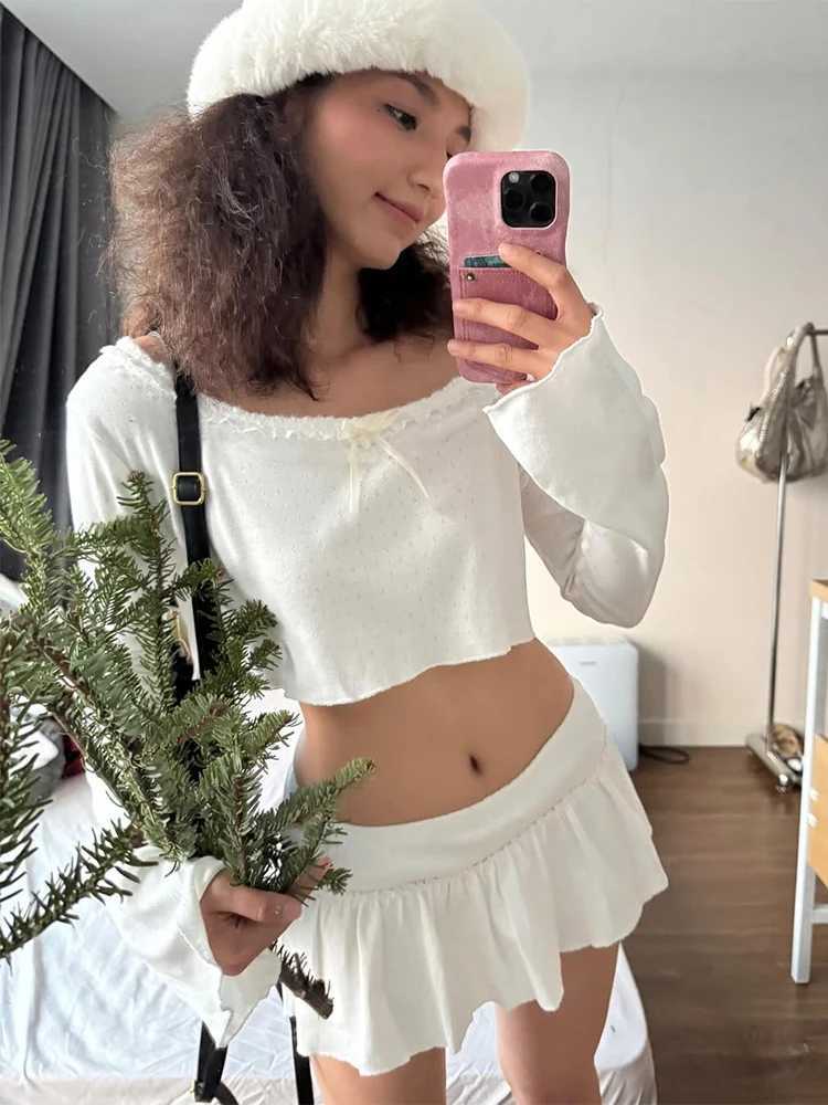 Absobe Y2K Agaric Laces Mini Skirt Set Women Flare Long Sve Crop Top A-Line Pleated Short Skirt 2 Piece Set Hottie SteetwearXJ250106