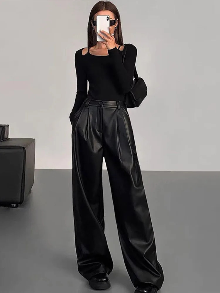 Vintage PU Leather Pants Women Loose Zipper High Waist Wide Leg Trousers Female 2025 Early Spring Fashion Lady Streetwears 250106