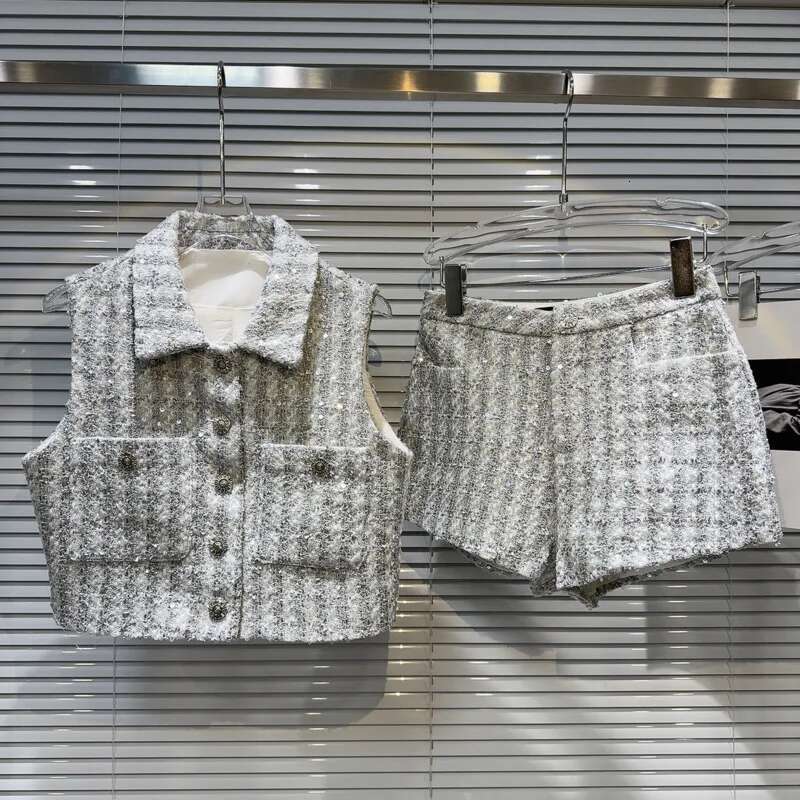 PREPOMP 2024 Spring Sleeveless Turn Down Collar Bright Silk Tweed Vest Slim Shorts Two Piece Set Women Outfits Gp509