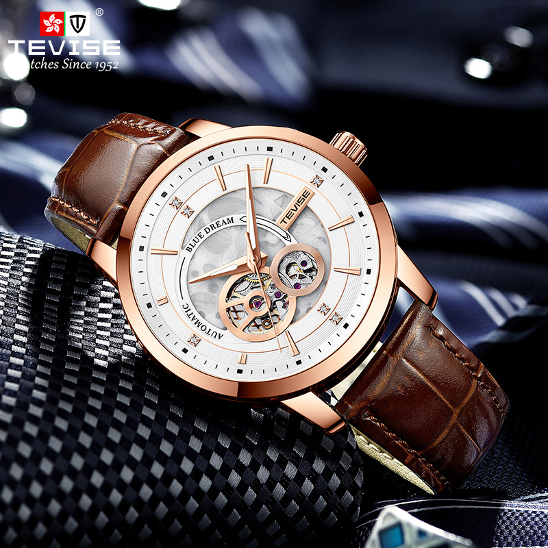 TEVISE New Style Business Fashion Mens Automatic Mechanical Watch with Leather Strap Wristwatch T031-T876C