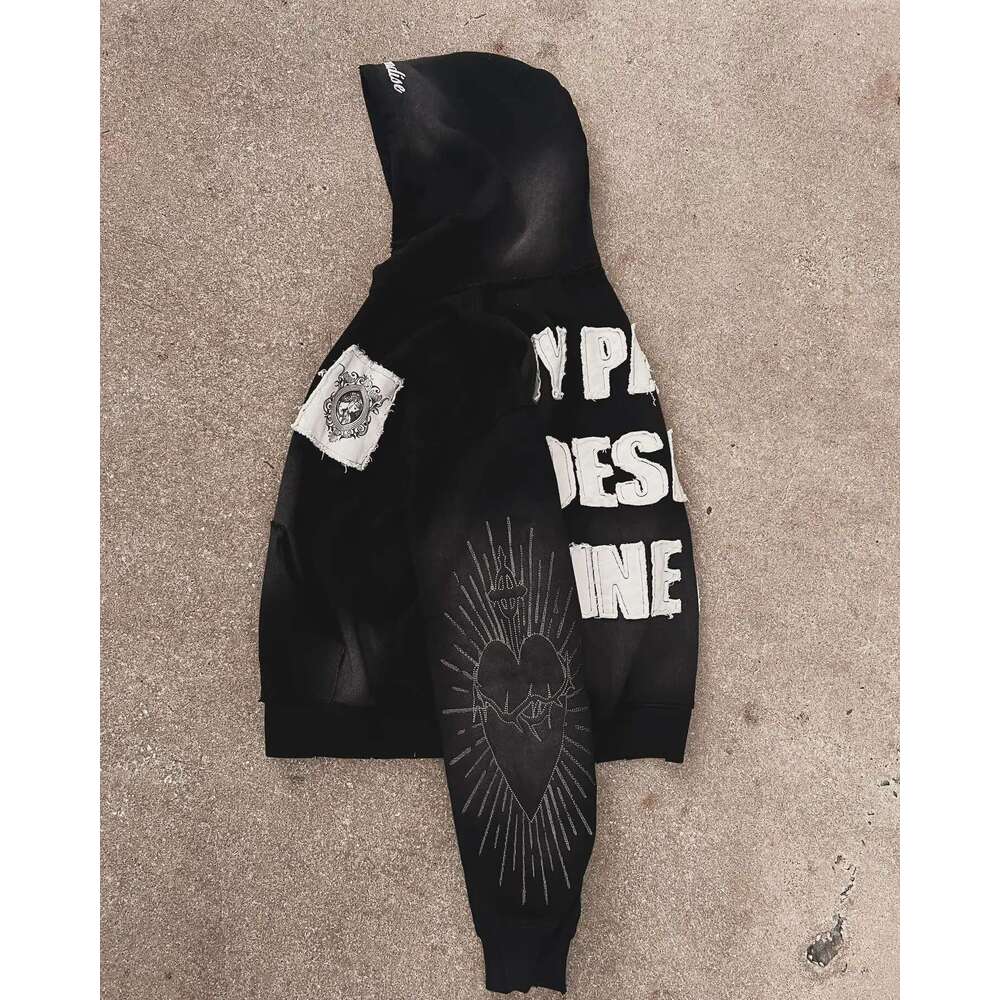 Hell in Paradise Street Retro Gothic Style Zip Up Hoodie Y2k Alphabet Embroidery Patchwork Hoodies Loose Sweatshirt Men Clothing