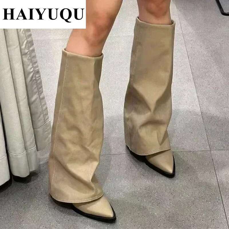 Knee High Heels Women Leather Chunky Fashion Shoes Pointed Toe Snow Long Boots New Designer Pumps Punk Botas Mujer