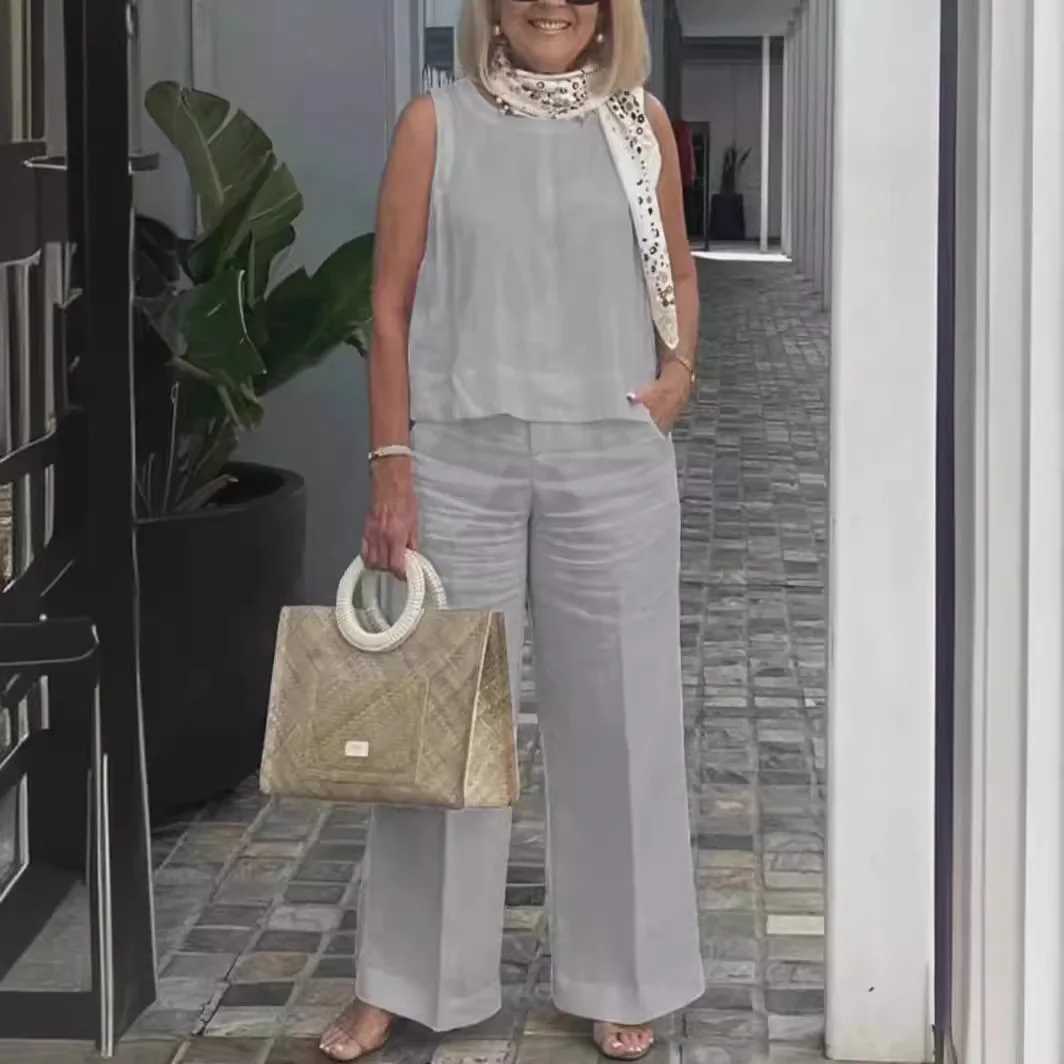 Simple Cotton Linen Womens Suits Summer Fashion Sveless Loose Blouse Wide Leg Pants Two Piece Sets For Women Casual OutfitsXJ250106