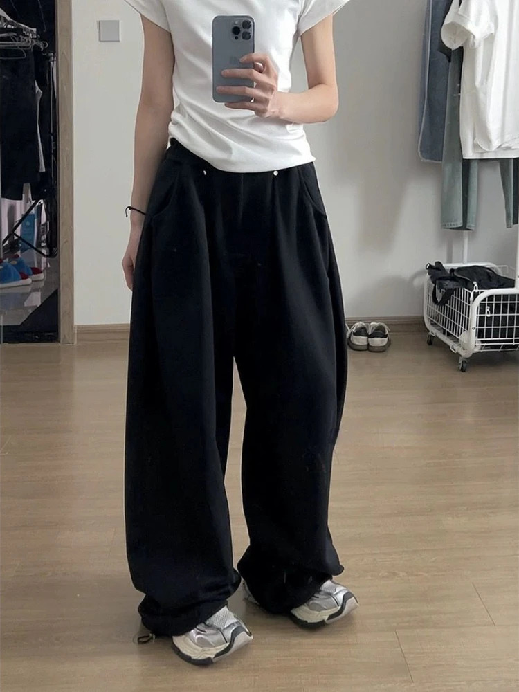 HOUZHOU Vintage Baggy Sweatpants Women Autumn Y2k Korean Loose Wide Leg Pants Zipper Fly Casual Sports Pants Streetwear 250106