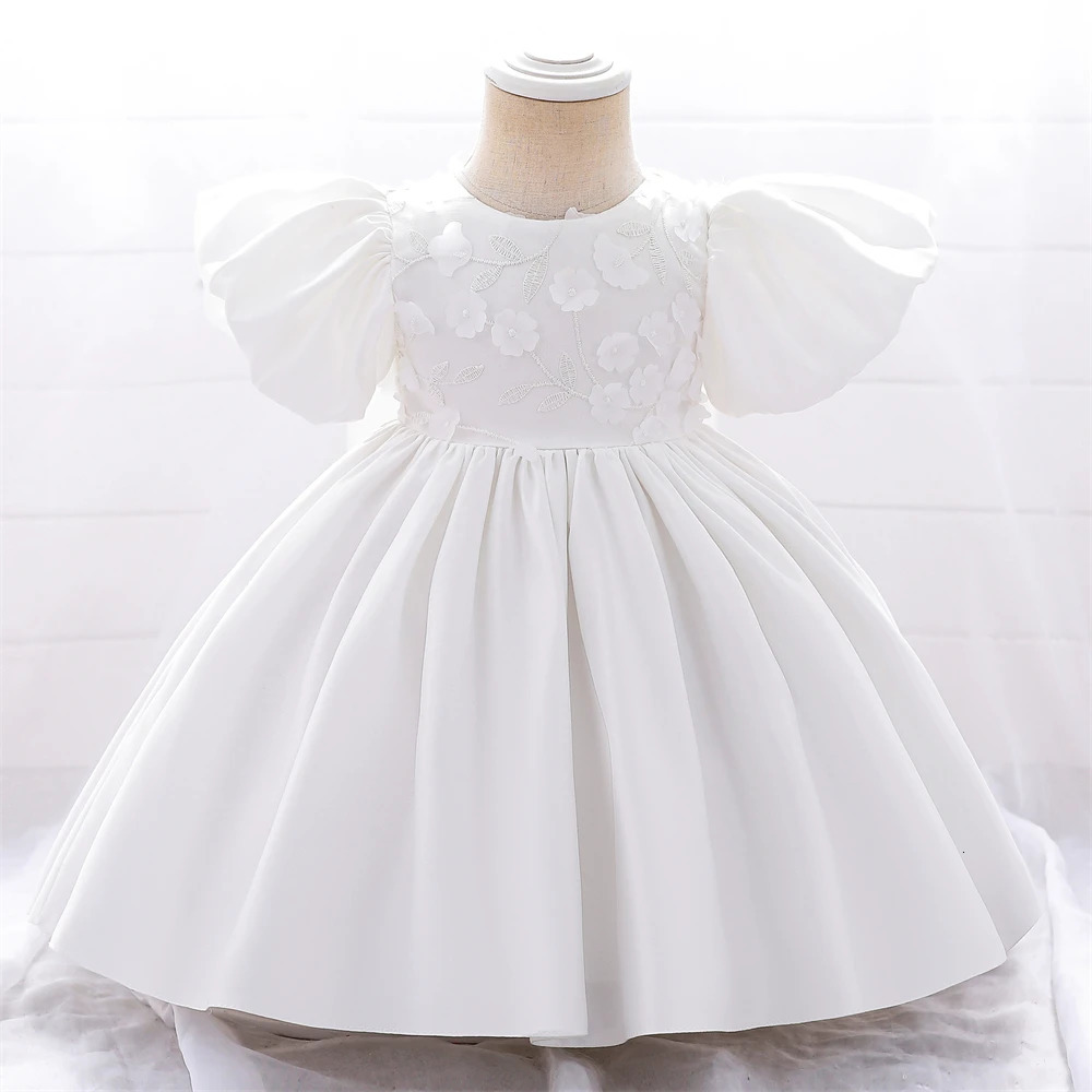 Summer Flower Baby Girl Dresses For Kids Wedding White Bow 1st Birthday Party Princess DresseGirls Puff Sleeve Baptism Clothing 250107