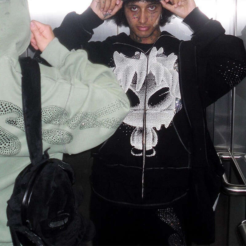 Loose cartoon trendy brand, guard print, hot diamond, high street hooded cardigan with zipper