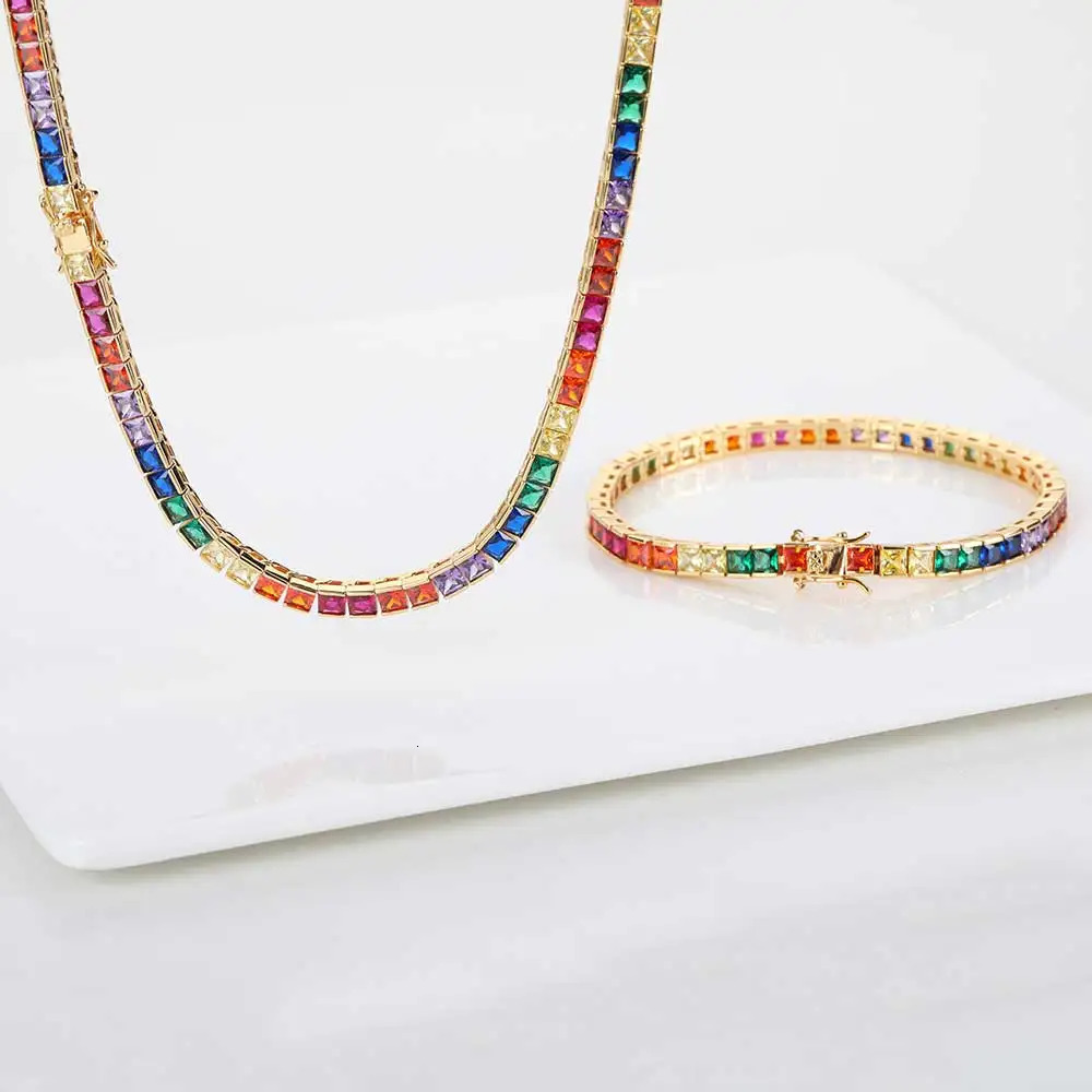 Iced Rainbow Colorful Tennis Necklace Silver Gold Plated Square Cubic Zirconia Tennis Chain Cuban Link Dainty Jewelry Gift250103