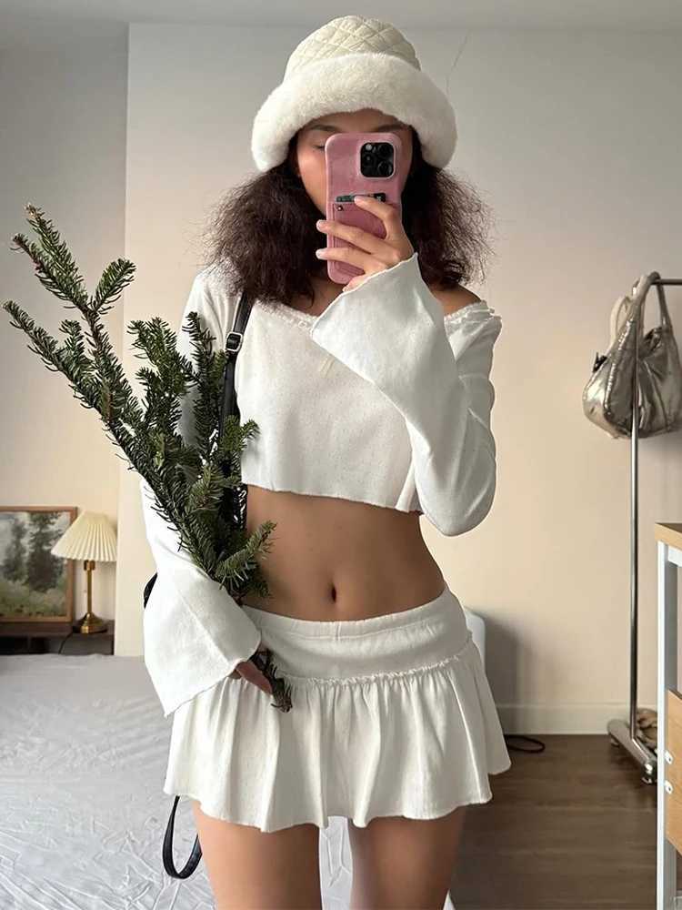 Absobe Y2K Agaric Laces Mini Skirt Set Women Flare Long Sve Crop Top A-Line Pleated Short Skirt 2 Piece Set Hottie SteetwearXJ250106