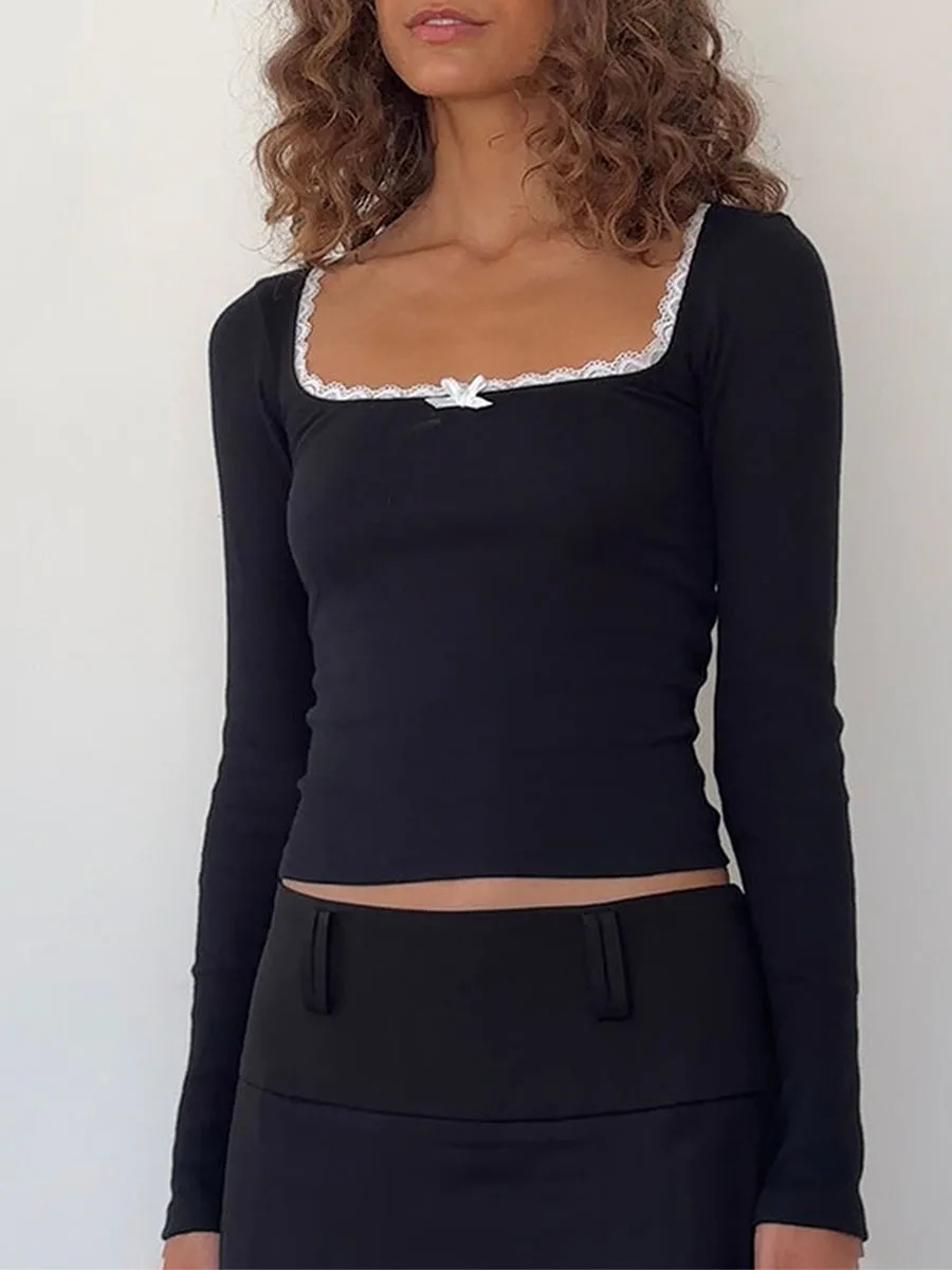 Autumn Y2k Bow Crop Top Women Long Sleeve Square Neck T Shirts Sexy Slim Fit Baby Tees Ribbed Knit Shirt Streetwear 250106