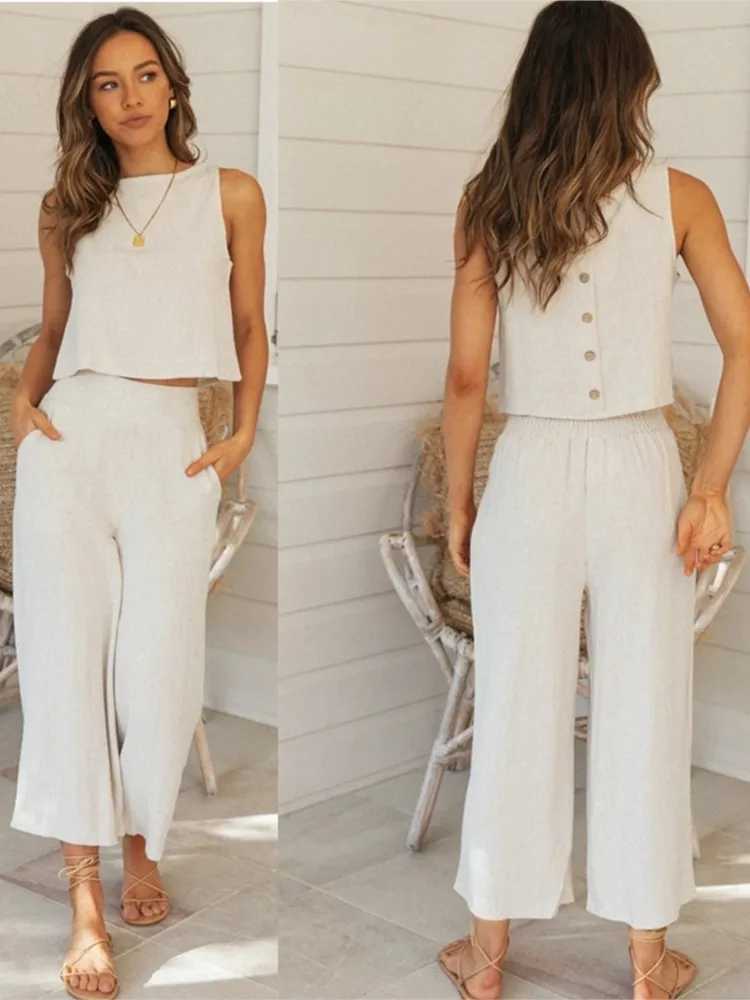 Fashion Women Solid Top Shirt 2 Piece Set New Summer Ele Casual O Neck Sveless Pants Suit Fe Office Holiday SetsXJ250106