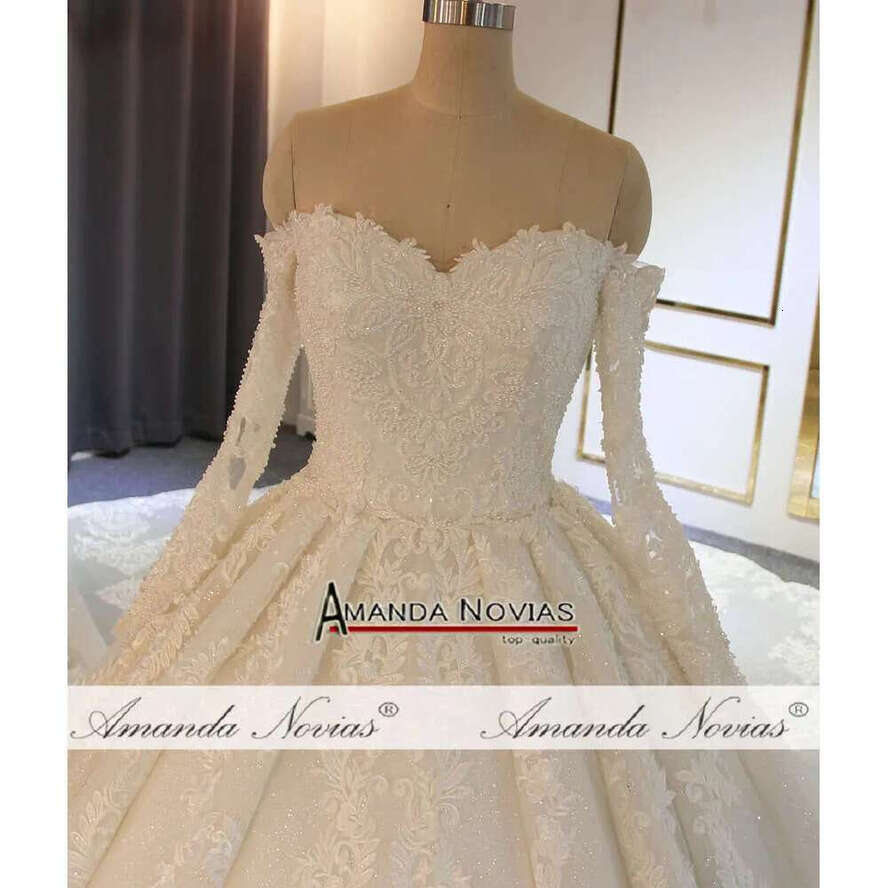 Off The Shoulder Long Sleeves Full Lace Beading Wedding Bridal Gown