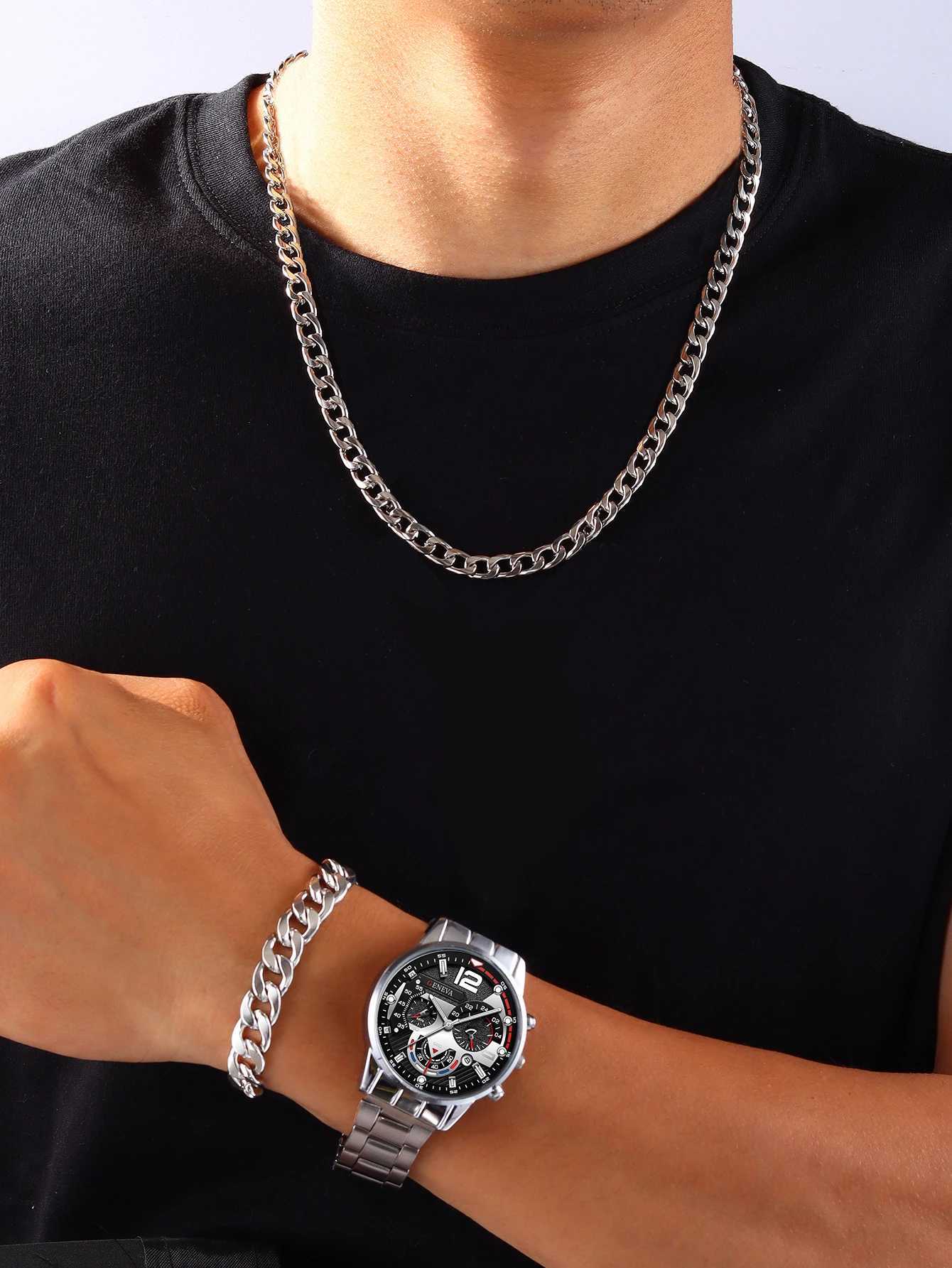 3pcs Business style Silver White Mechanical design mens alloy quartz watch with calendar and alloy Cuba necklace bracelet setX250107