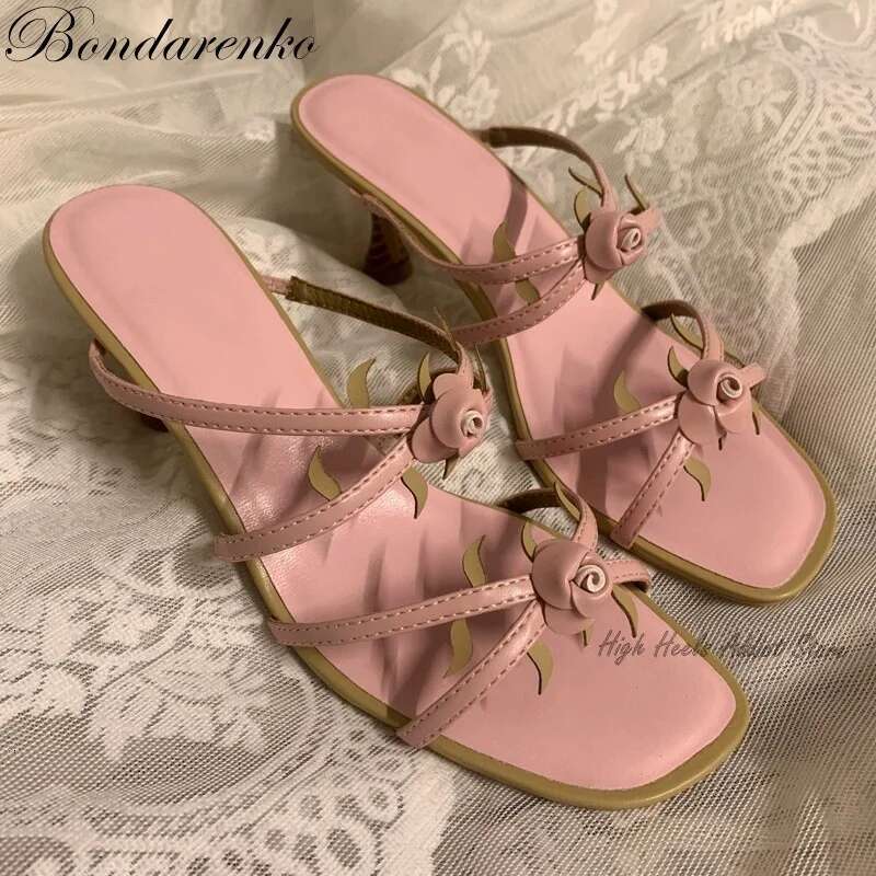 Vintage White Pink Rose Slippers Women wers Straps Low Heel Mules Sandals Designer Summer New in Party Shoes