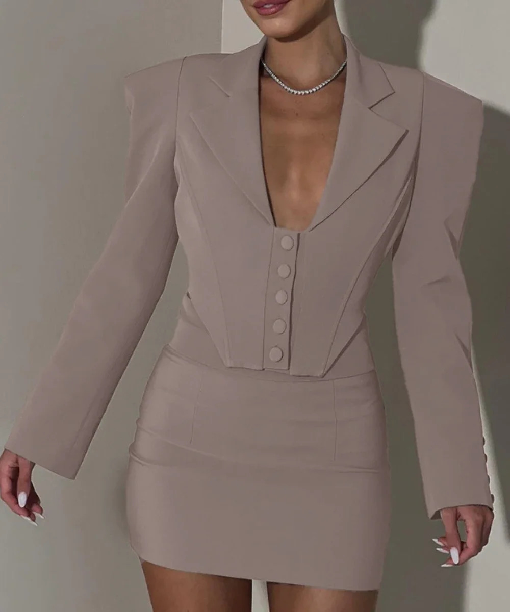 2025 Spring Solid Notched Short Blazer and Mini Skirt Two Piece Set Women Sexy Bodycon Blazer Suit Dresses Sexy Club Outfits 250106