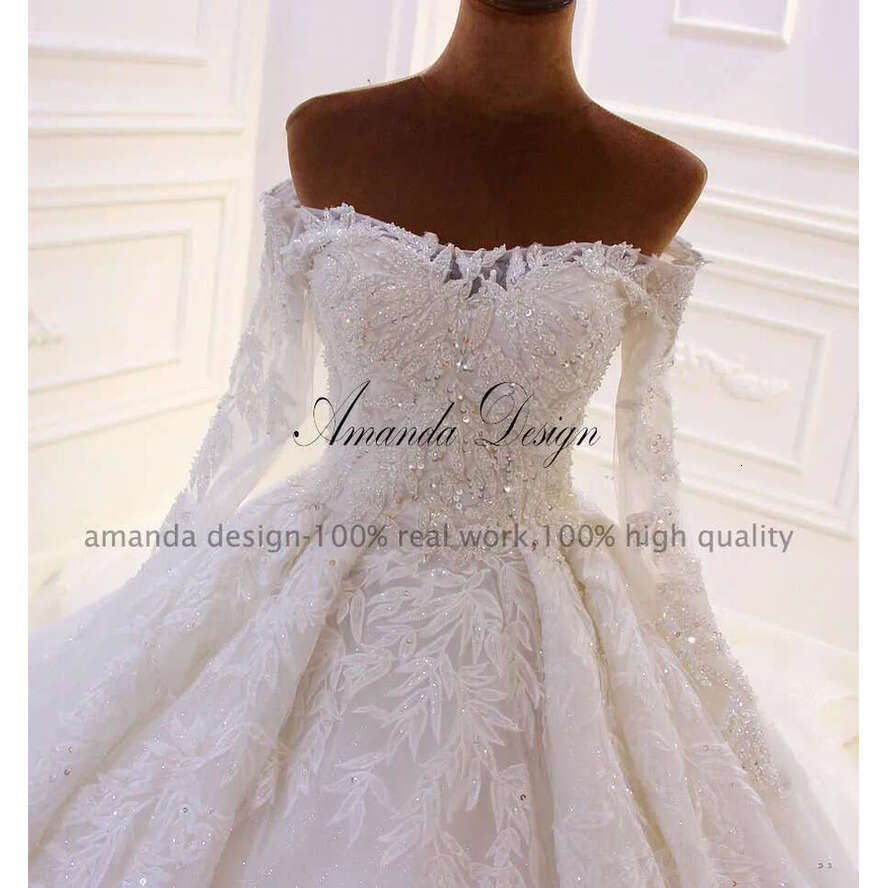 Amanda Design Robe De Mariage Off Shoulder Sleeves Shiny Crystal Long Train Wedding Dress