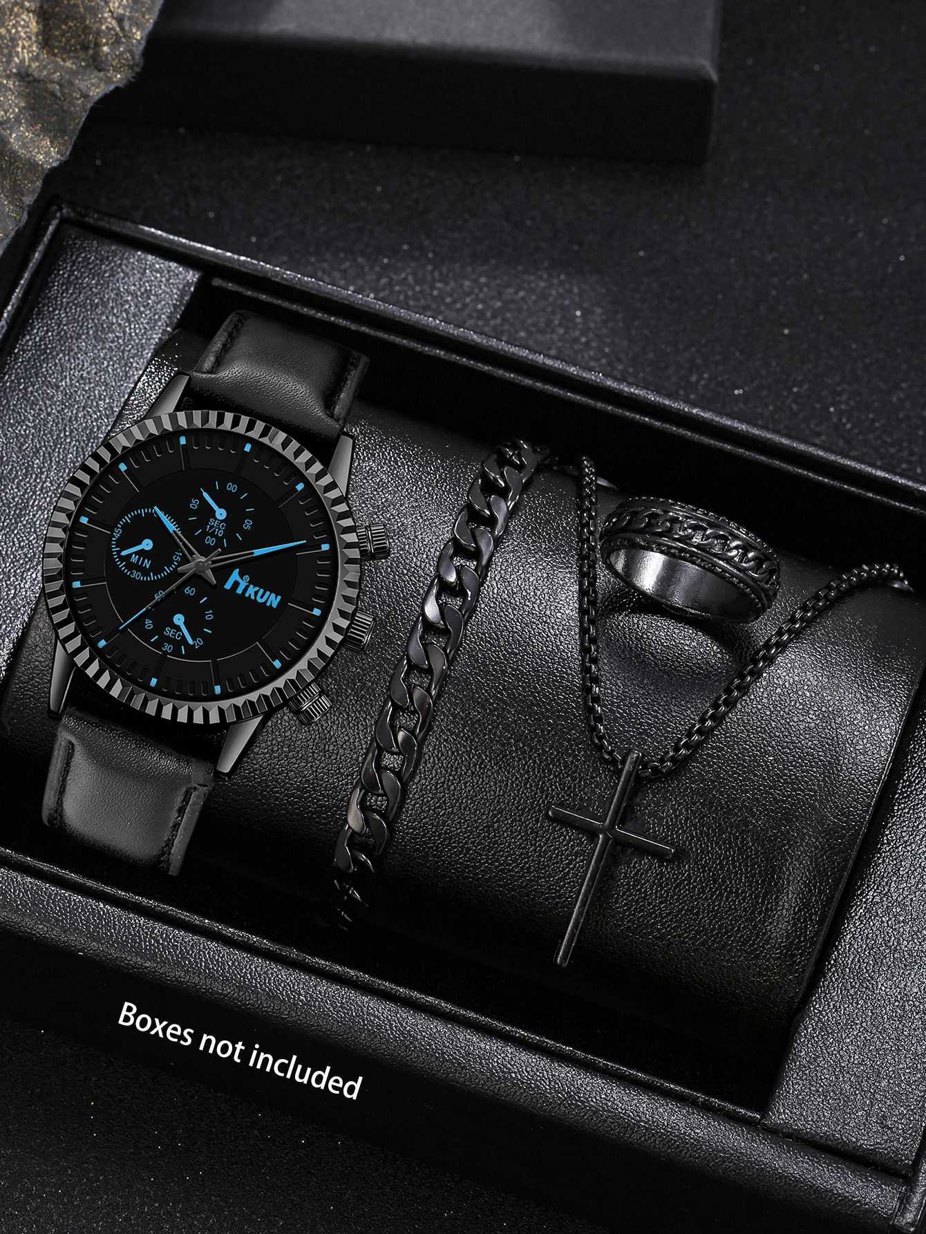 4-piece/set business mens watch alloy strap alloy bracelet alloy ring alloy cross necklace perfect gift for himX250107