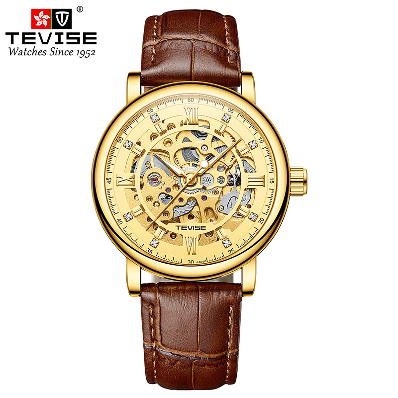 TEVISE Diamond Inlaid Trendy Simple Automatic Mechanical Watch Fashion Hollow out Wrist Watch T033 T8462B