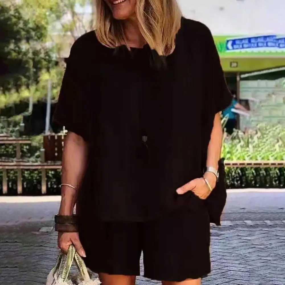 2Pcs/Set Women T-Shirt Shorts Set Solid Color Top Shorts Suit Pullover O Neck Summer Sets Ladies Suit Women AccessoryXJ250106